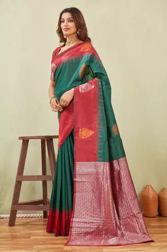 red green art silk jacuard work designer party wear saree with unstitched blouse piece