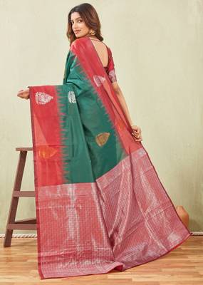 red green art silk jacuard work designer party wear saree with unstitched blouse piece 3