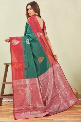 red green art silk jacuard work designer party wear saree with unstitched blouse piece