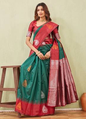 red green art silk jacuard work designer party wear saree with unstitched blouse piece 4