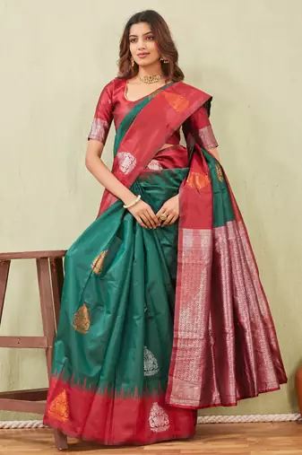 red green art silk jacuard work designer party wear saree with unstitched blouse piece