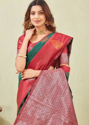 red green art silk jacuard work designer party wear saree with unstitched blouse piece 5