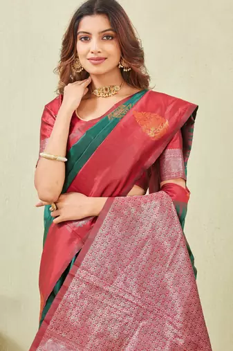 red green art silk jacuard work designer party wear saree with unstitched blouse piece