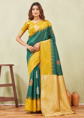 yellow green art silk jacuard work designer party wear saree with unstitched blouse piece 1