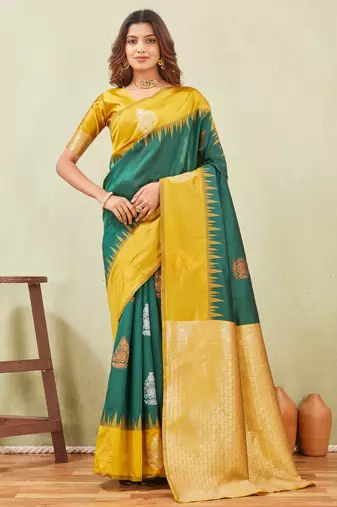 yellow green art silk jacuard work designer party wear saree with unstitched blouse piece