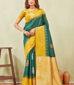 yellow green art silk jacuard work designer party wear saree with unstitched blouse piece
