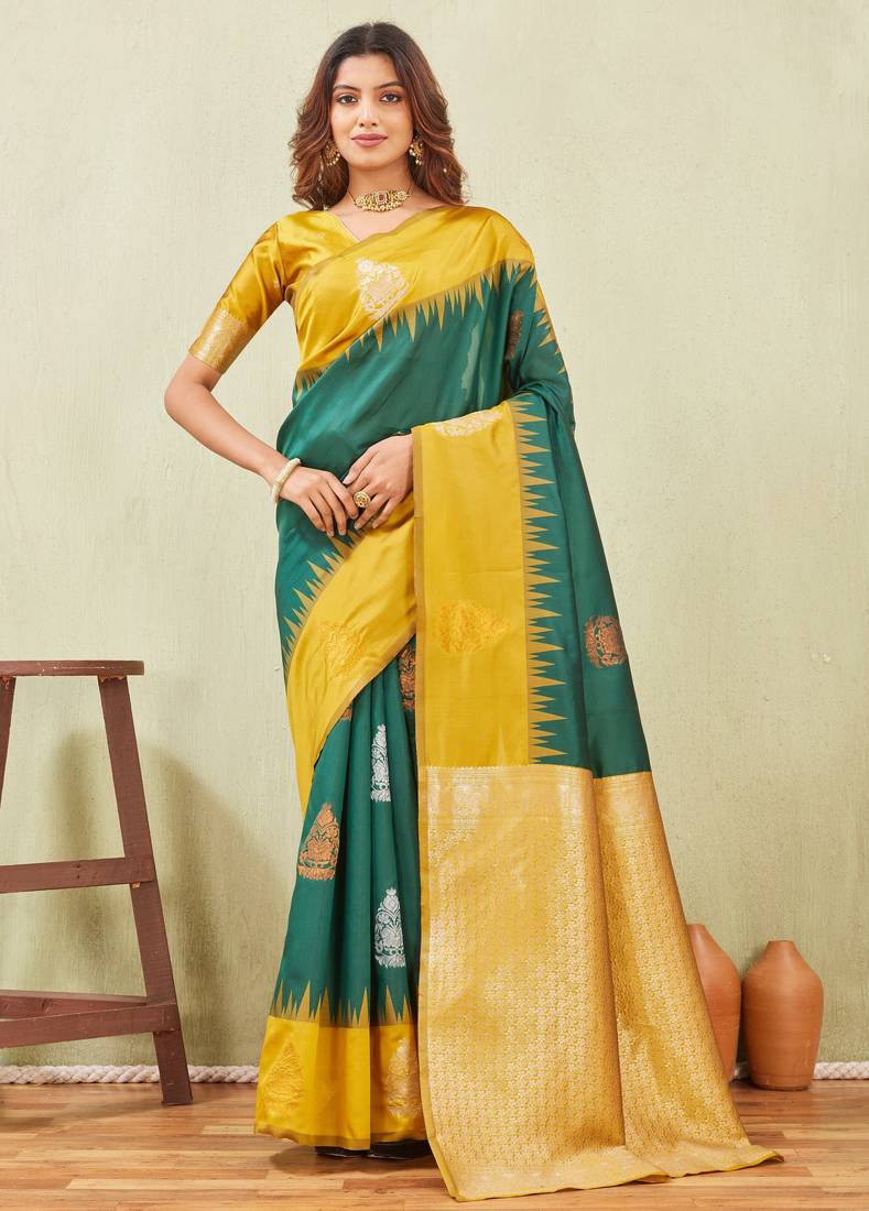 yellow green art silk jacuard work designer party wear saree with unstitched blouse piece