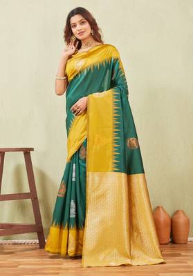 yellow green art silk jacuard work designer party wear saree with unstitched blouse piece 2