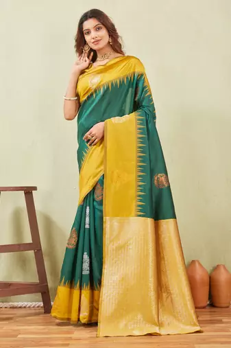 yellow green art silk jacuard work designer party wear saree with unstitched blouse piece