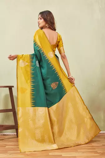 yellow green art silk jacuard work designer party wear saree with unstitched blouse piece