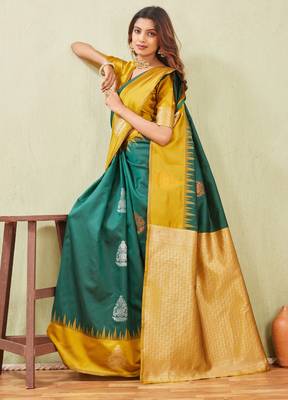 yellow green art silk jacuard work designer party wear saree with unstitched blouse piece 4