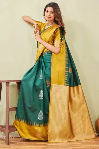 yellow green art silk jacuard work designer party wear saree with unstitched blouse piece