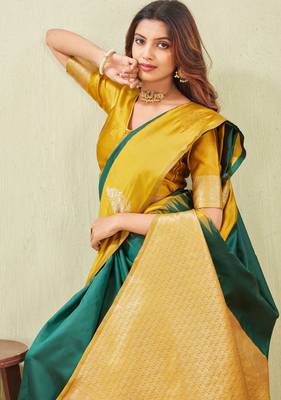 yellow green art silk jacuard work designer party wear saree with unstitched blouse piece 5