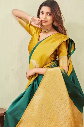 yellow green art silk jacuard work designer party wear saree with unstitched blouse piece
