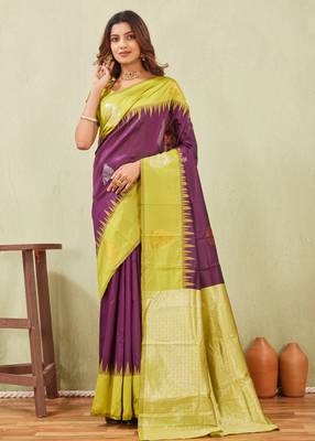 yellow wine art silk jacuard work designer party wear saree with unstitched blouse piece 1