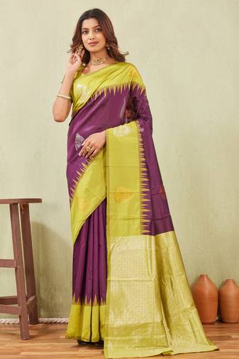 yellow wine art silk jacuard work designer party wear saree with unstitched blouse piece