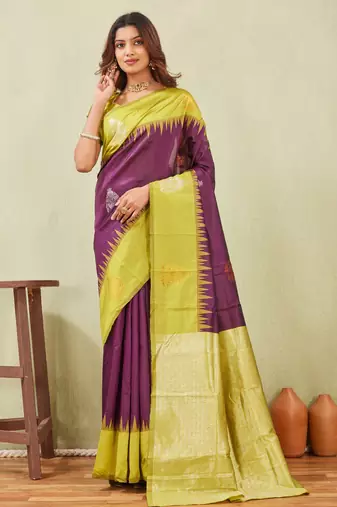 yellow wine art silk jacuard work designer party wear saree with unstitched blouse piece