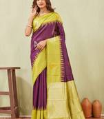 yellow wine art silk jacuard work designer party wear saree with unstitched blouse piece