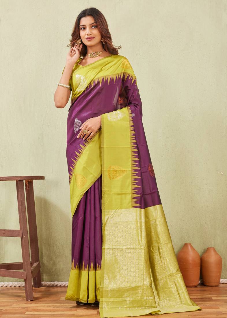 yellow wine art silk jacuard work designer party wear saree with unstitched blouse piece