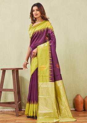 yellow wine art silk jacuard work designer party wear saree with unstitched blouse piece 2