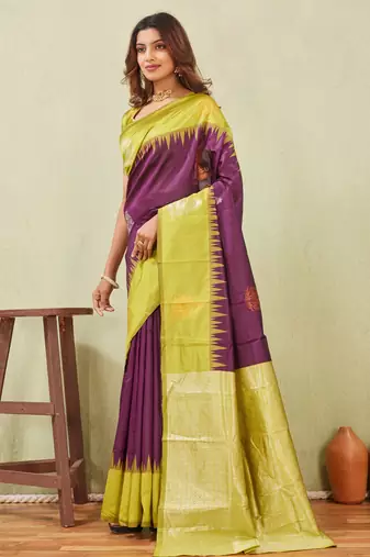 yellow wine art silk jacuard work designer party wear saree with unstitched blouse piece