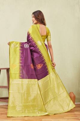 yellow wine art silk jacuard work designer party wear saree with unstitched blouse piece 3
