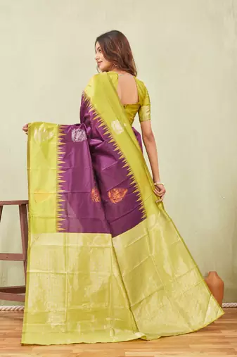 yellow wine art silk jacuard work designer party wear saree with unstitched blouse piece