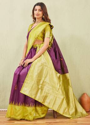 yellow wine art silk jacuard work designer party wear saree with unstitched blouse piece 4