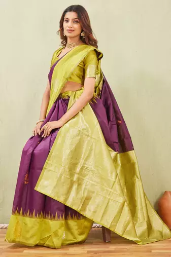 yellow wine art silk jacuard work designer party wear saree with unstitched blouse piece