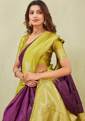 yellow wine art silk jacuard work designer party wear saree with unstitched blouse piece 5