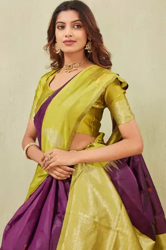 yellow wine art silk jacuard work designer party wear saree with unstitched blouse piece