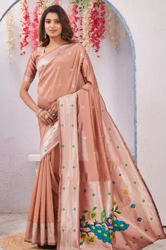 beige art silk jacuard work designer party wear saree with unstitched blouse piece
