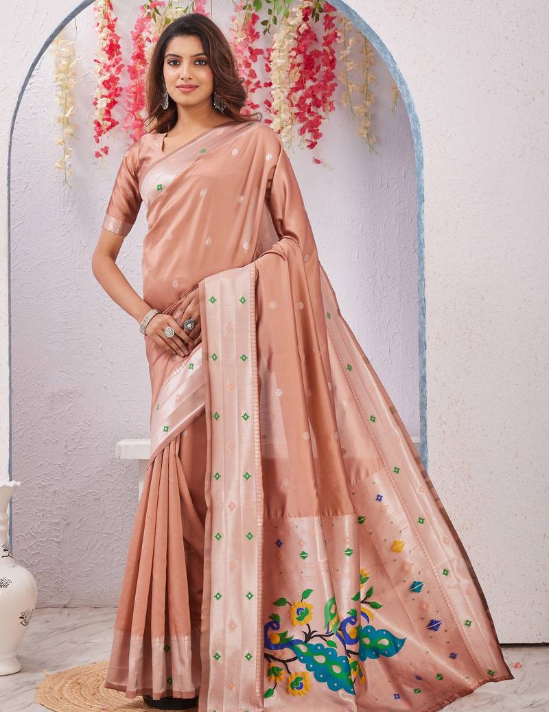 beige art silk jacuard work designer party wear saree with unstitched blouse piece