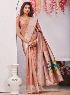 beige art silk jacuard work designer party wear saree with unstitched blouse piece 2