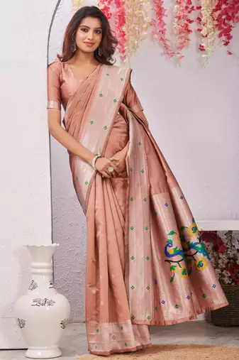 beige art silk jacuard work designer party wear saree with unstitched blouse piece