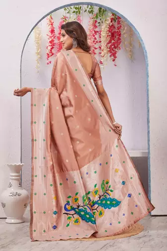 beige art silk jacuard work designer party wear saree with unstitched blouse piece