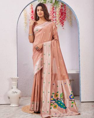 beige art silk jacuard work designer party wear saree with unstitched blouse piece 4