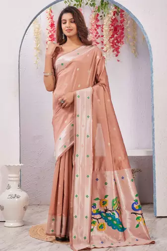 beige art silk jacuard work designer party wear saree with unstitched blouse piece