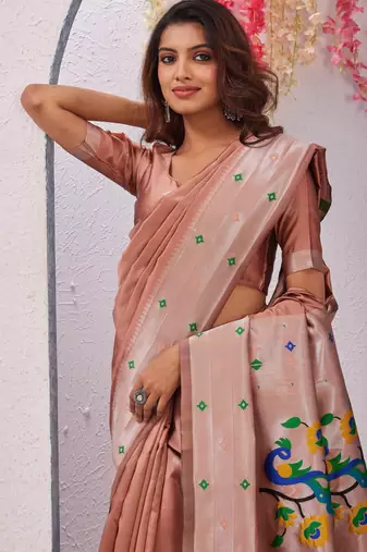 beige art silk jacuard work designer party wear saree with unstitched blouse piece