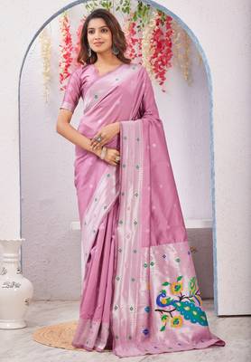 light pink art silk jacuard work designer party wear saree with unstitched blouse piece 1