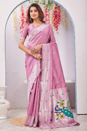 light pink art silk jacuard work designer party wear saree with unstitched blouse piece