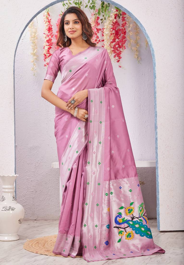 light pink art silk jacuard work designer party wear saree with unstitched blouse piece