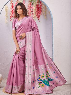 light pink art silk jacuard work designer party wear saree with unstitched blouse piece 2