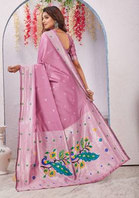 light pink art silk jacuard work designer party wear saree with unstitched blouse piece 3