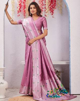 light pink art silk jacuard work designer party wear saree with unstitched blouse piece 4
