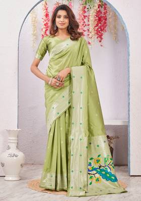 parrot green art silk jacuard work designer party wear saree with unstitched blouse piece 1