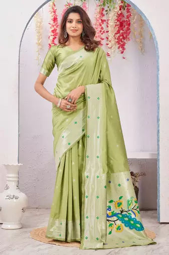 parrot green art silk jacuard work designer party wear saree with unstitched blouse piece