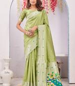 parrot green art silk jacuard work designer party wear saree with unstitched blouse piece
