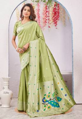 parrot green art silk jacuard work designer party wear saree with unstitched blouse piece 2