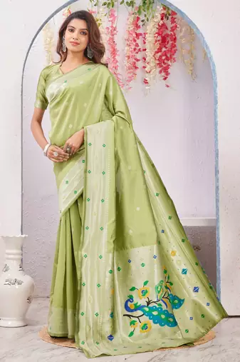 parrot green art silk jacuard work designer party wear saree with unstitched blouse piece